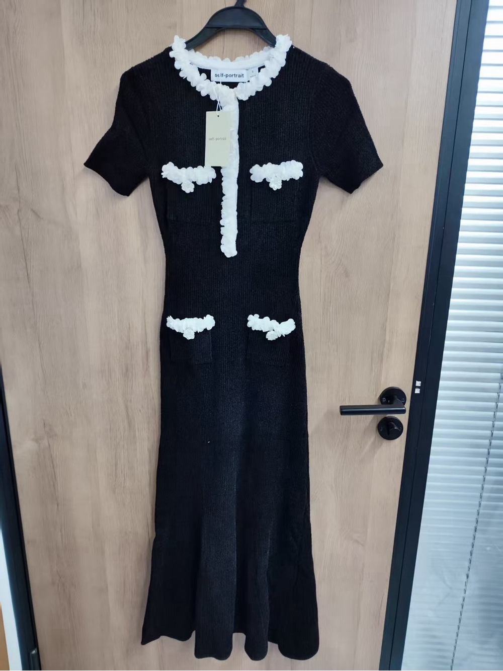 🍊Self-Portrait Black Knit Midi Dress with White Floral Trim